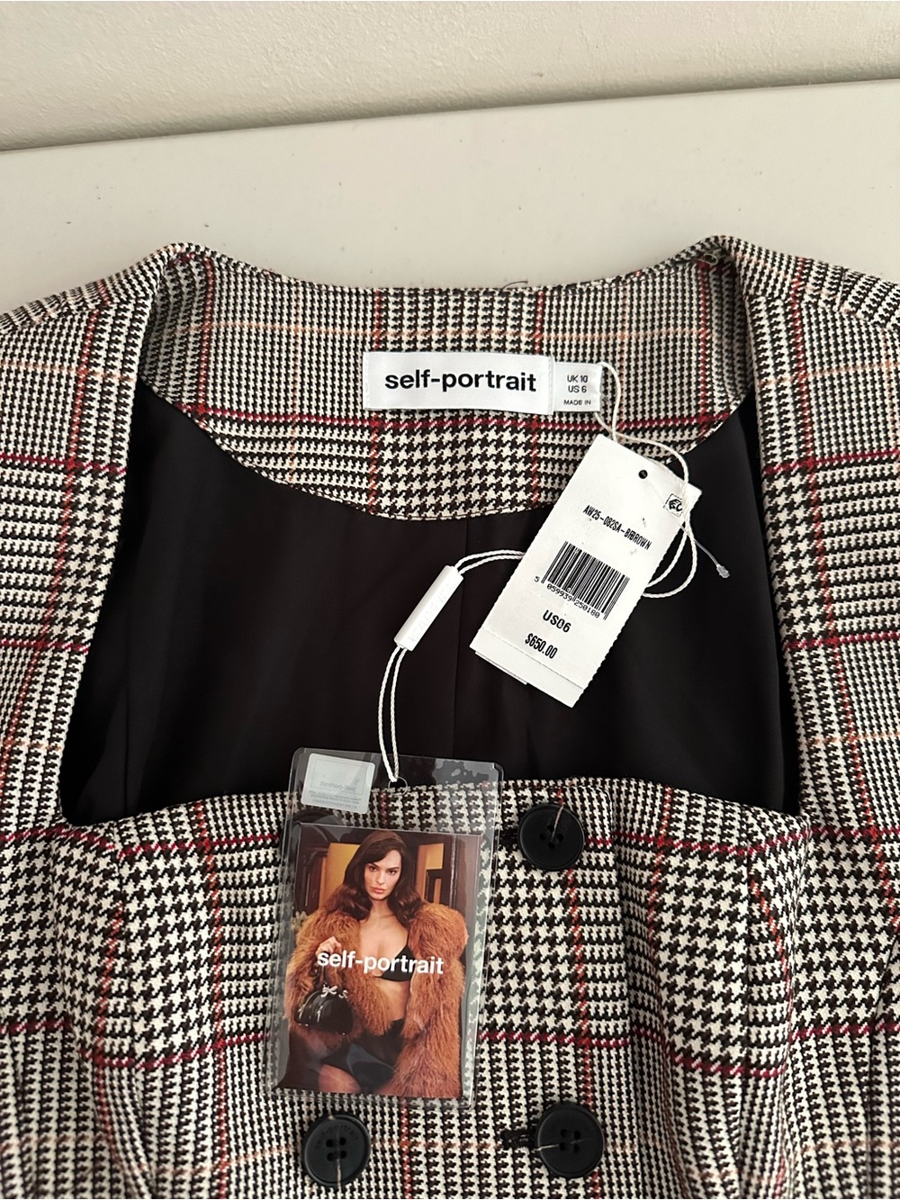 Self-Portrait Check Short Sleeve Mini Dress Brown Plaid US 6 NWT $650 Tailored - Picture 4 of 9